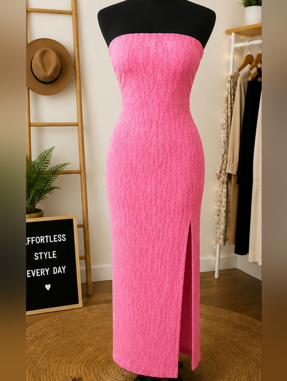 SHEIN Hot Pink Strapless Maxi Dress with Side Slit